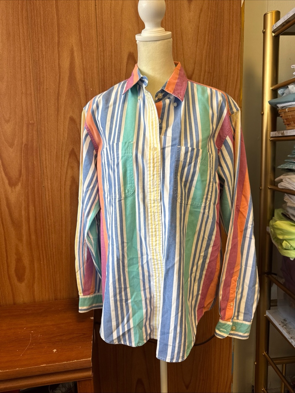 Land’s End Multi Color Stripe Button Down Shirt M Medium 10-12 100% Cotton